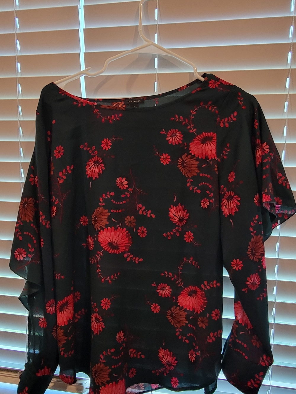 Women's Black Floral Blouse with Red Print